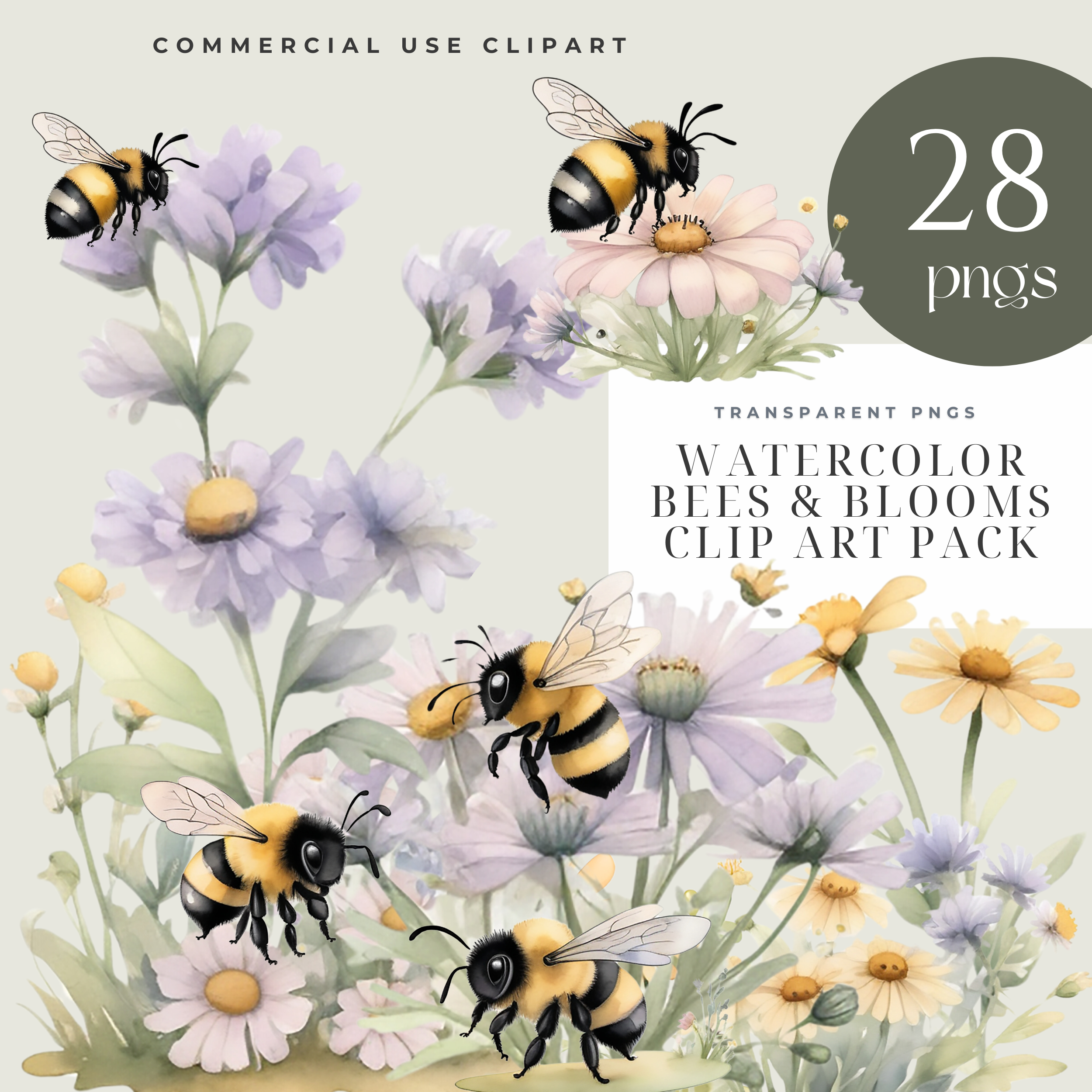 Bees and Blooms Clipart Pack (2500 x 2500 px)