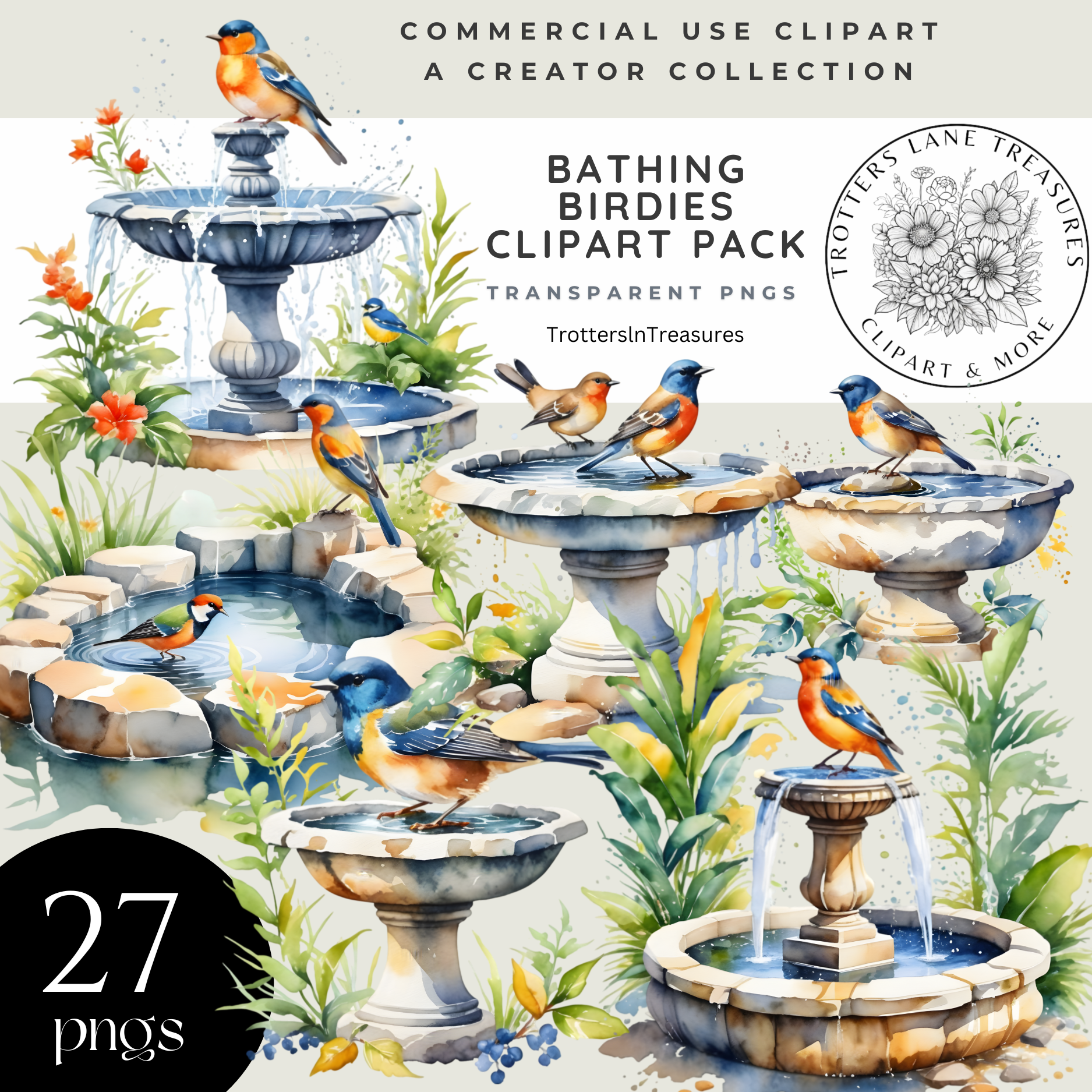 Bathing Birdies Clipart Template (2500 x 2500 px)