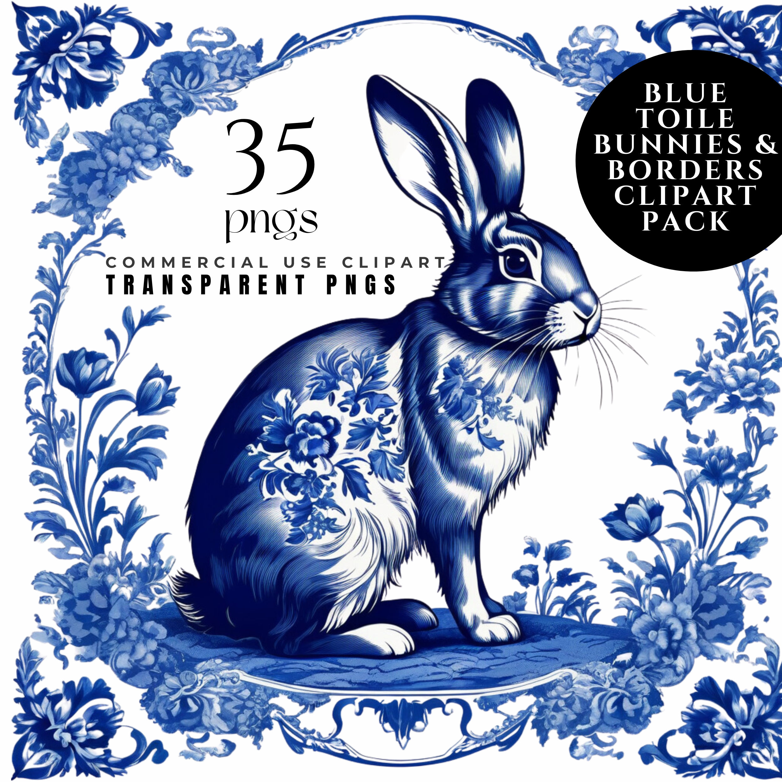 Blue Toile Rabbits Clipart Template (2500 x 2500 px)