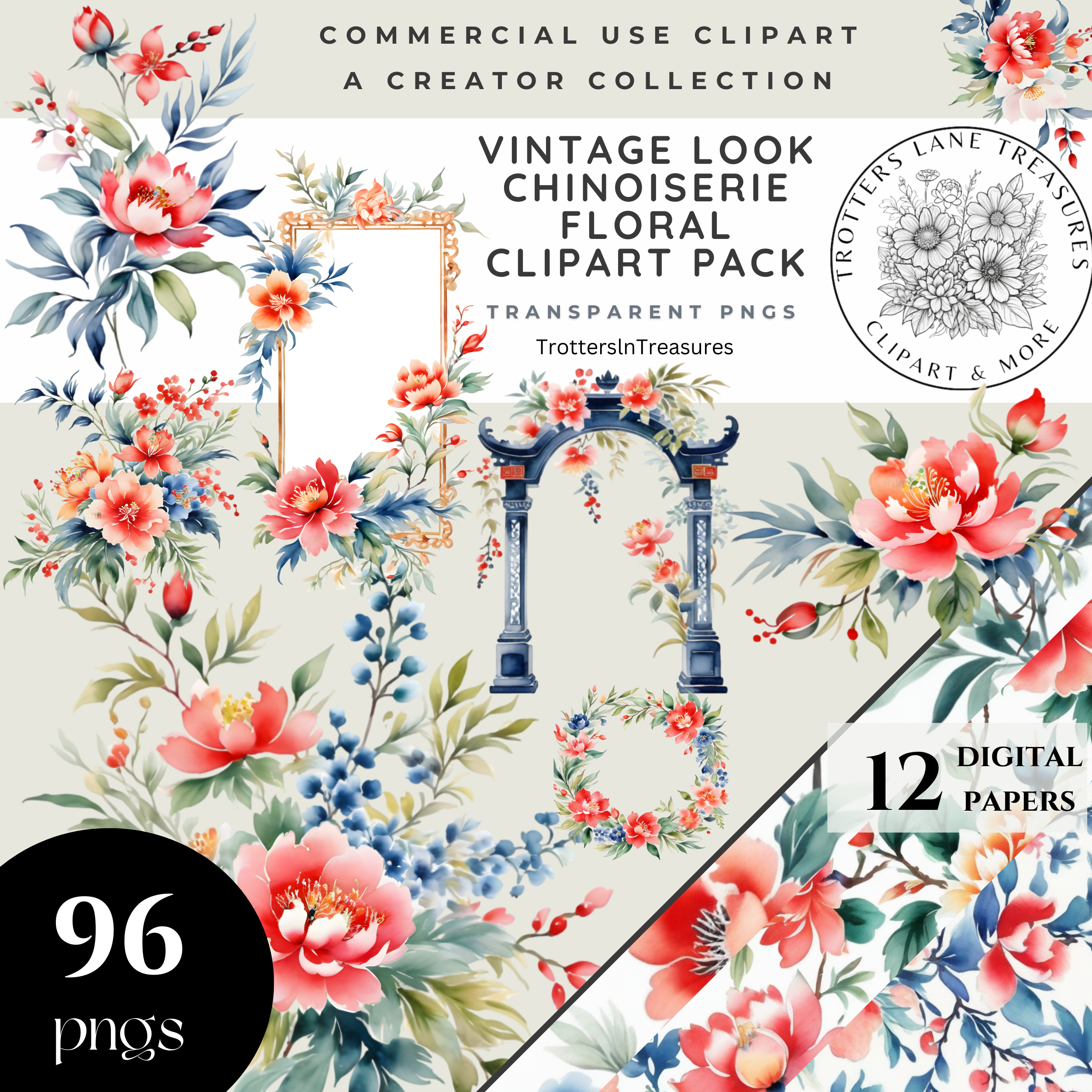 Vintage Look Chinoiserie Floral Clipart Clipart Template (2500 x 2500 px)